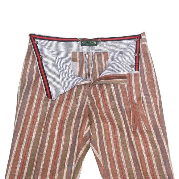 Mens Gurkha Pants 38 Brown Striped Cotton Straight Fit Flat Front Chino Trousers